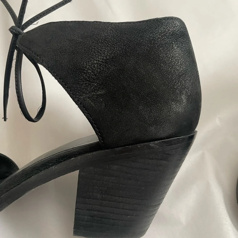 Eileen Fisher Ann Black Suede Tumbled Nubuck Ankle Tie Sandals Sz 7.5 Block Heel